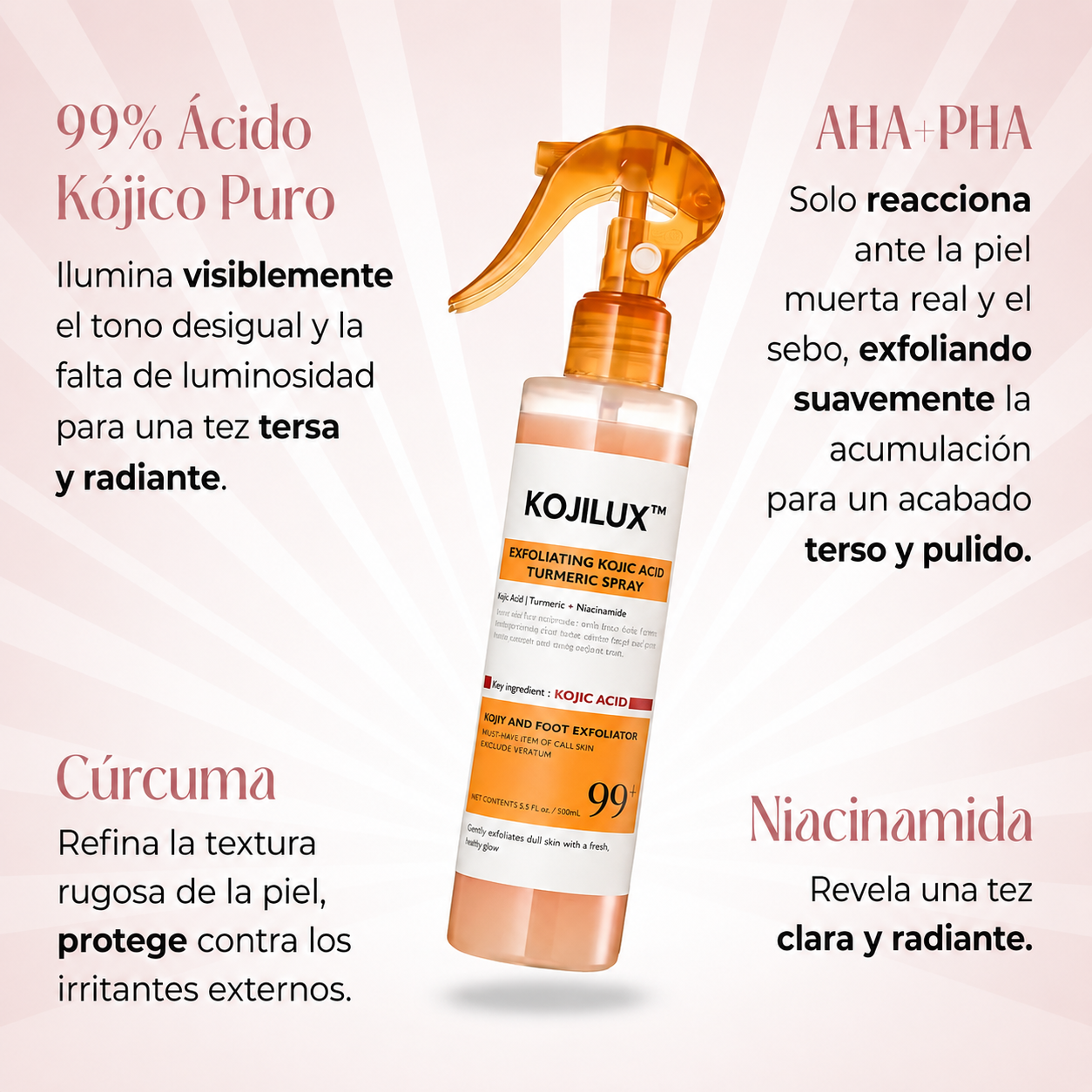 Kojilux™ – Spray Exfoliante con Ácido Kójico 99% – Elimina Manchas y Zonas Oscuras