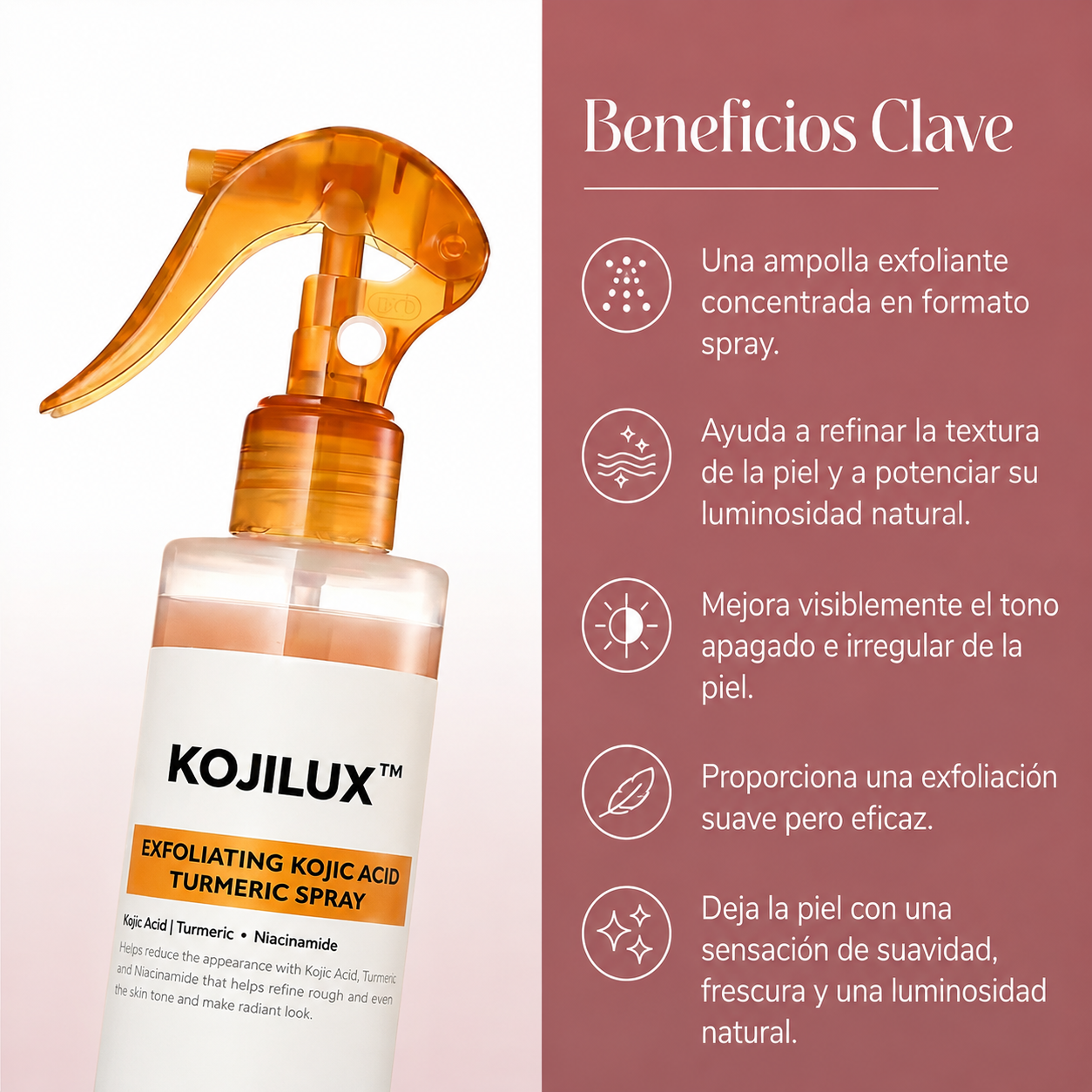 Kojilux™ – Spray Exfoliante con Ácido Kójico 99% – Elimina Manchas y Zonas Oscuras